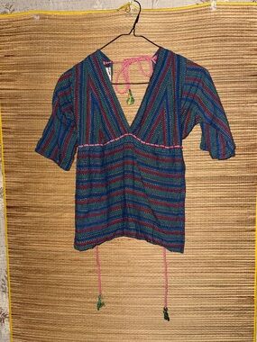 1970s Vintage Backless Cotton Tie Top Blue Pink Made in Pakistan Sm/Med